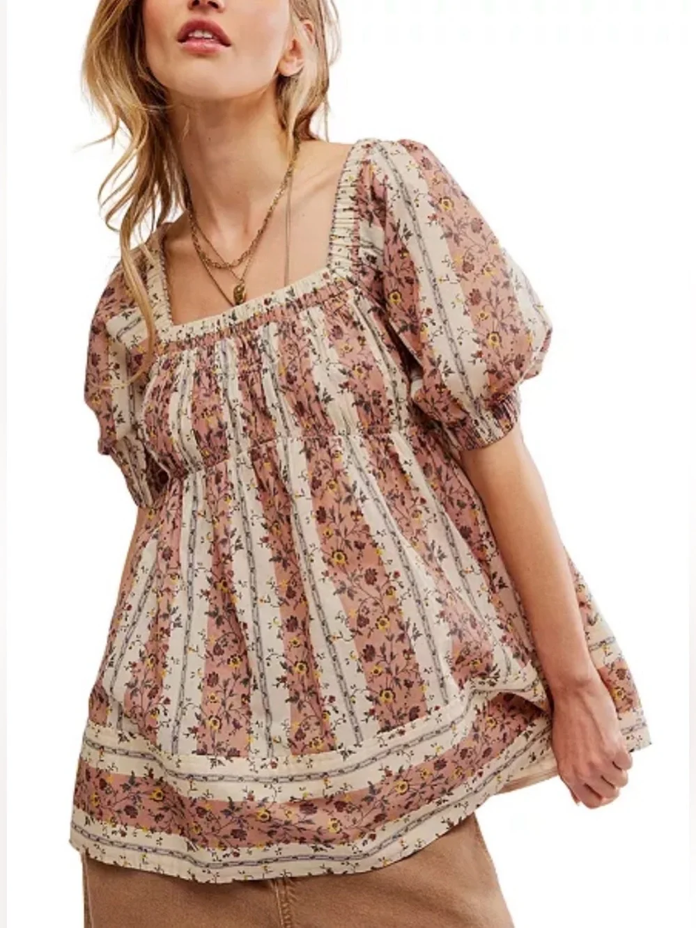 Free People size M Vintage Lover top Boho floral babydoll puff sleeve prairie